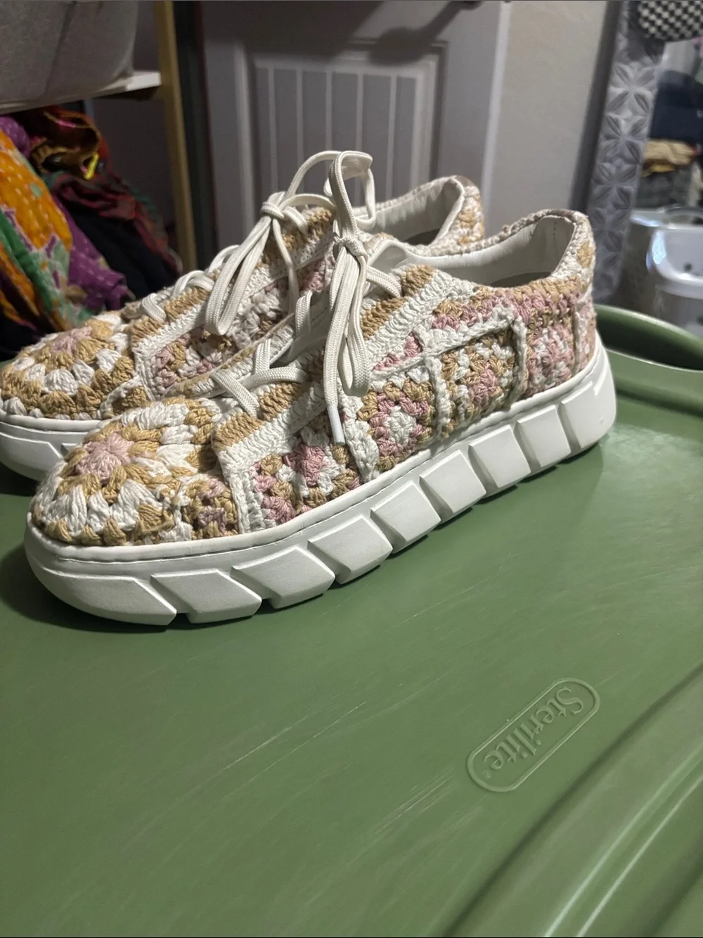 Free People Catch Me Uf You Can Crochet Knit Lace-Up Sneakers in Cream and Blush